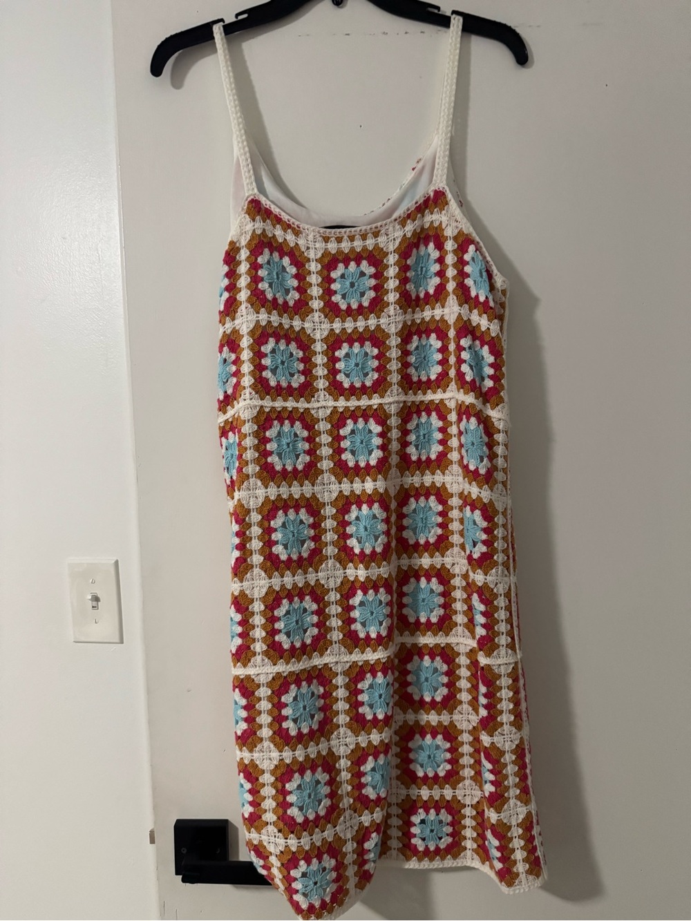 Crochet Square-Pattern Spaghetti Strap Dress - White, Red, Teal